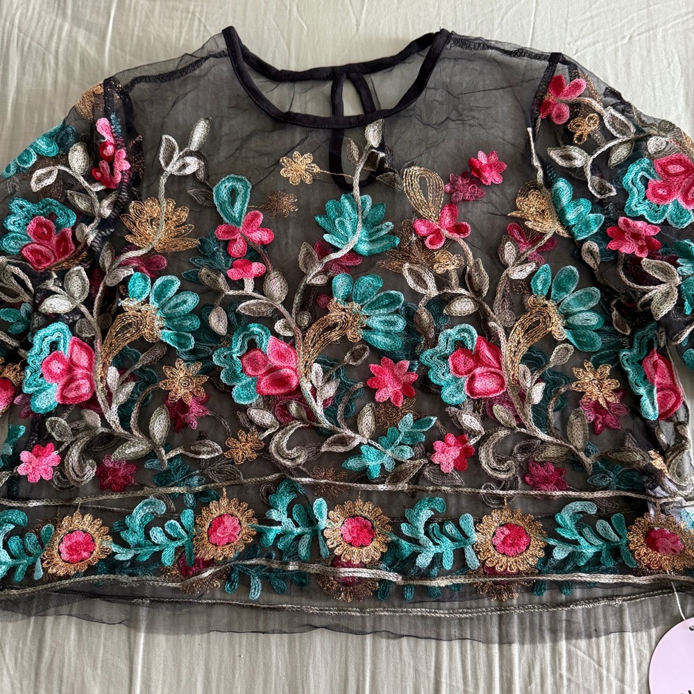Shein Embroidered Floral Leaf Sheer Black Mesh Crop Top Boho Festival - Picture 8 of 11